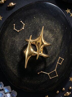 18K Gold Plated Stainless Steel Sculptural Star Ring Celestial Adjustable 7-10